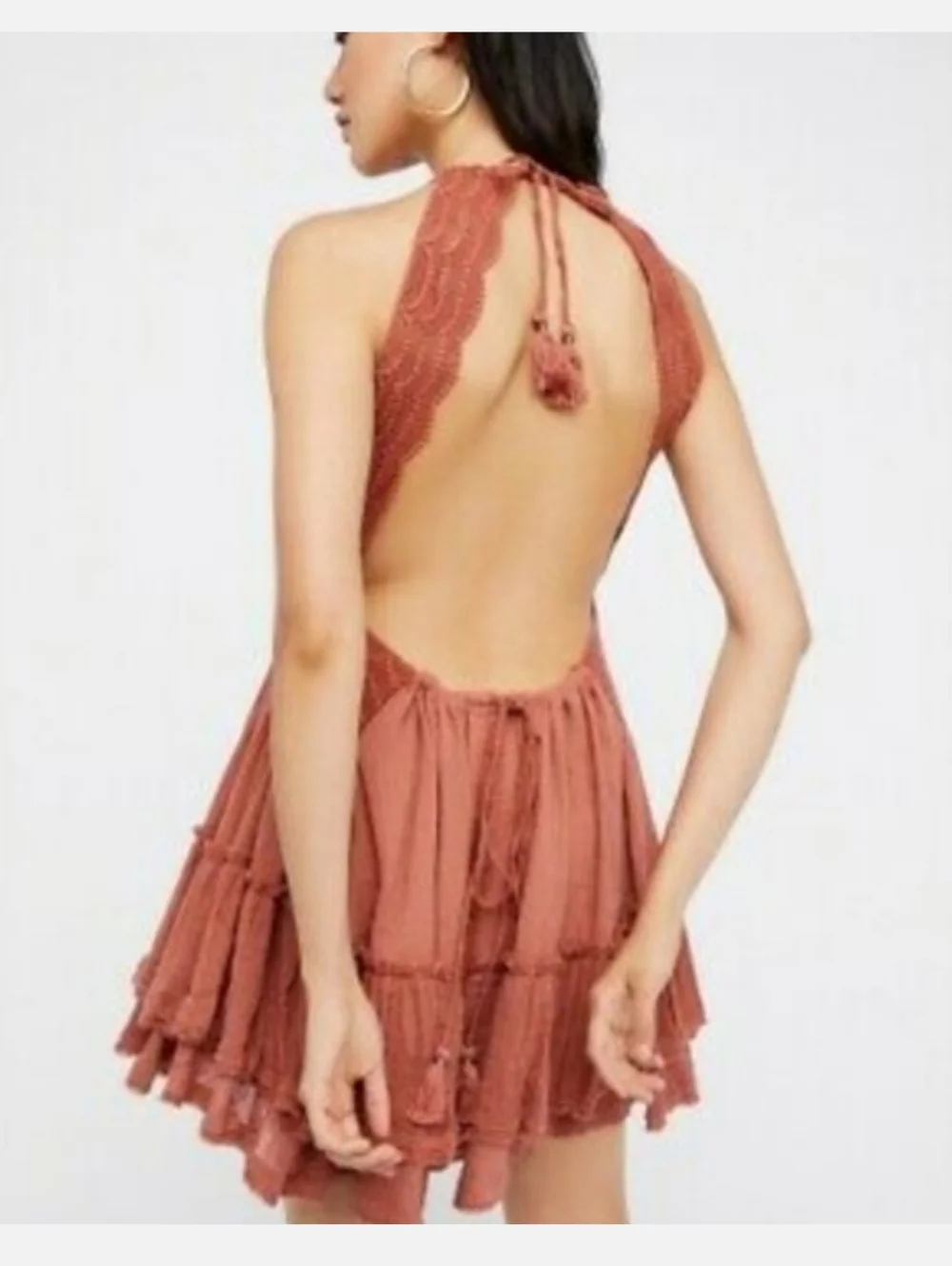 Free People 200 Degree Mini Open Back Dress Rose/Pink Boho Size Large Tassels - Picture 5 of 8